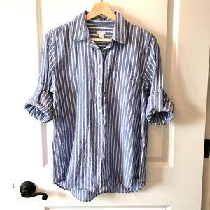 J Crew Factory Blue Striped Tab Sleeve Popover Top